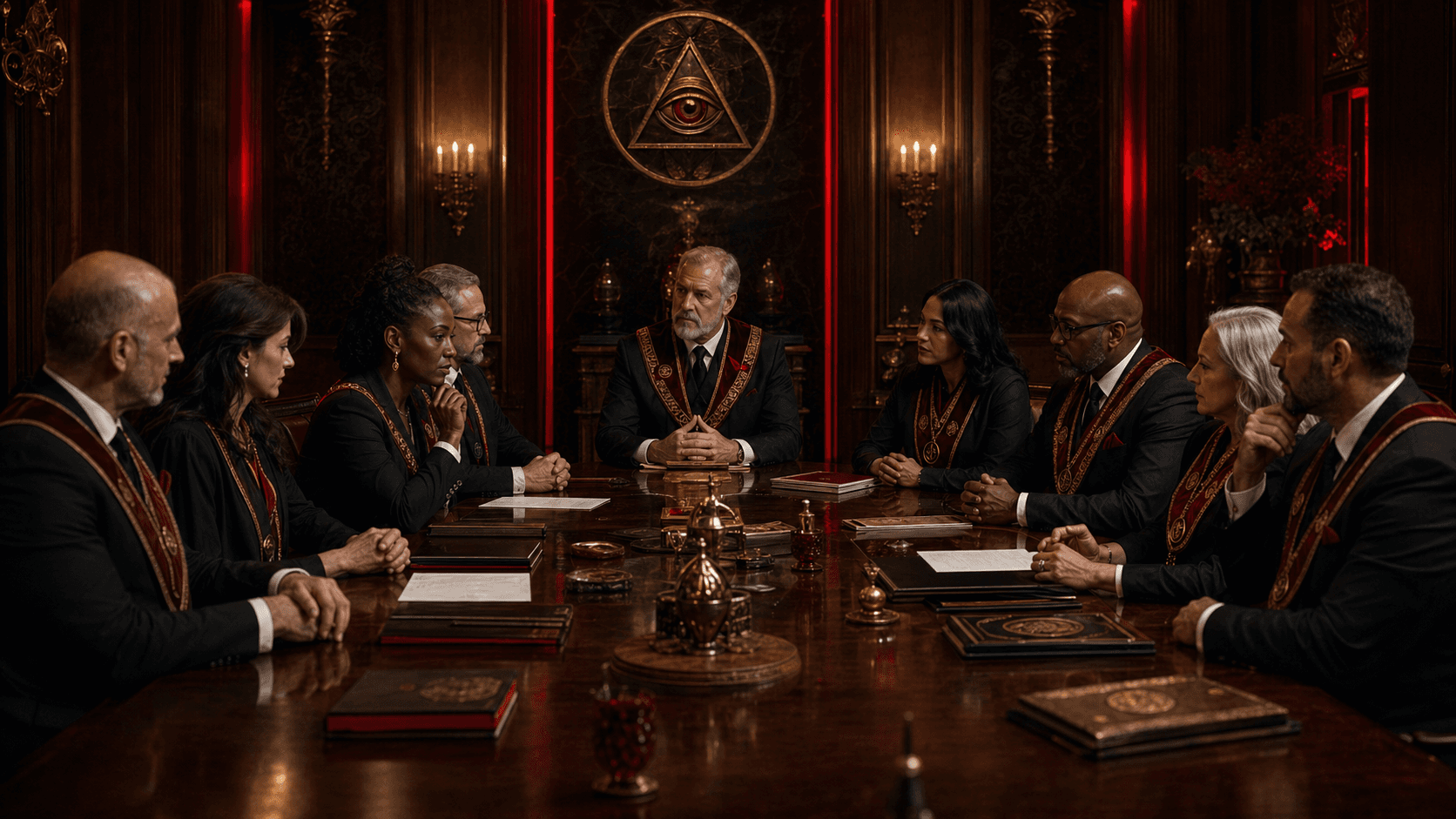 Illuminati Community council seated in a dark chamber