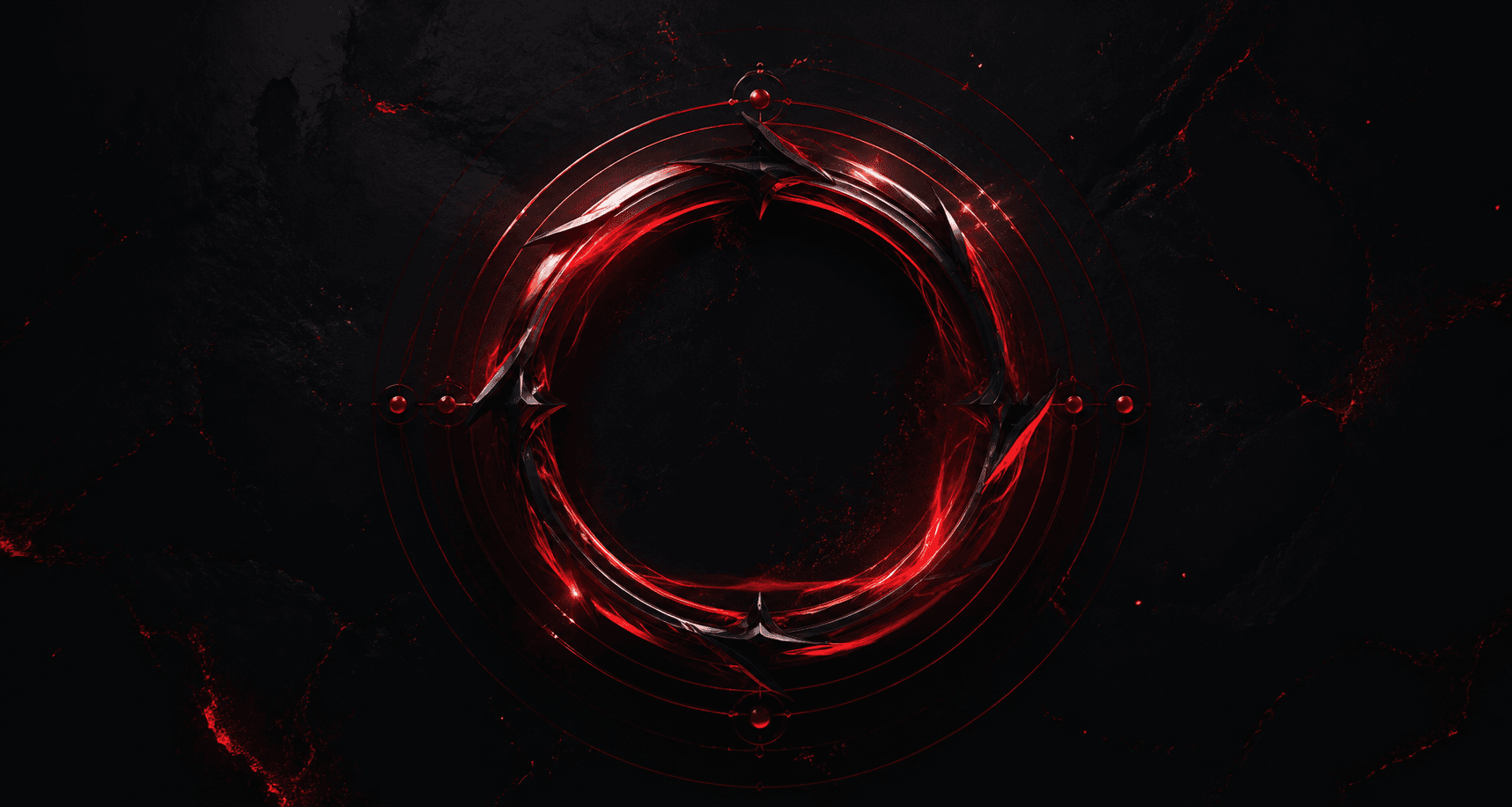 Circular red symbolic ring motif in a black void