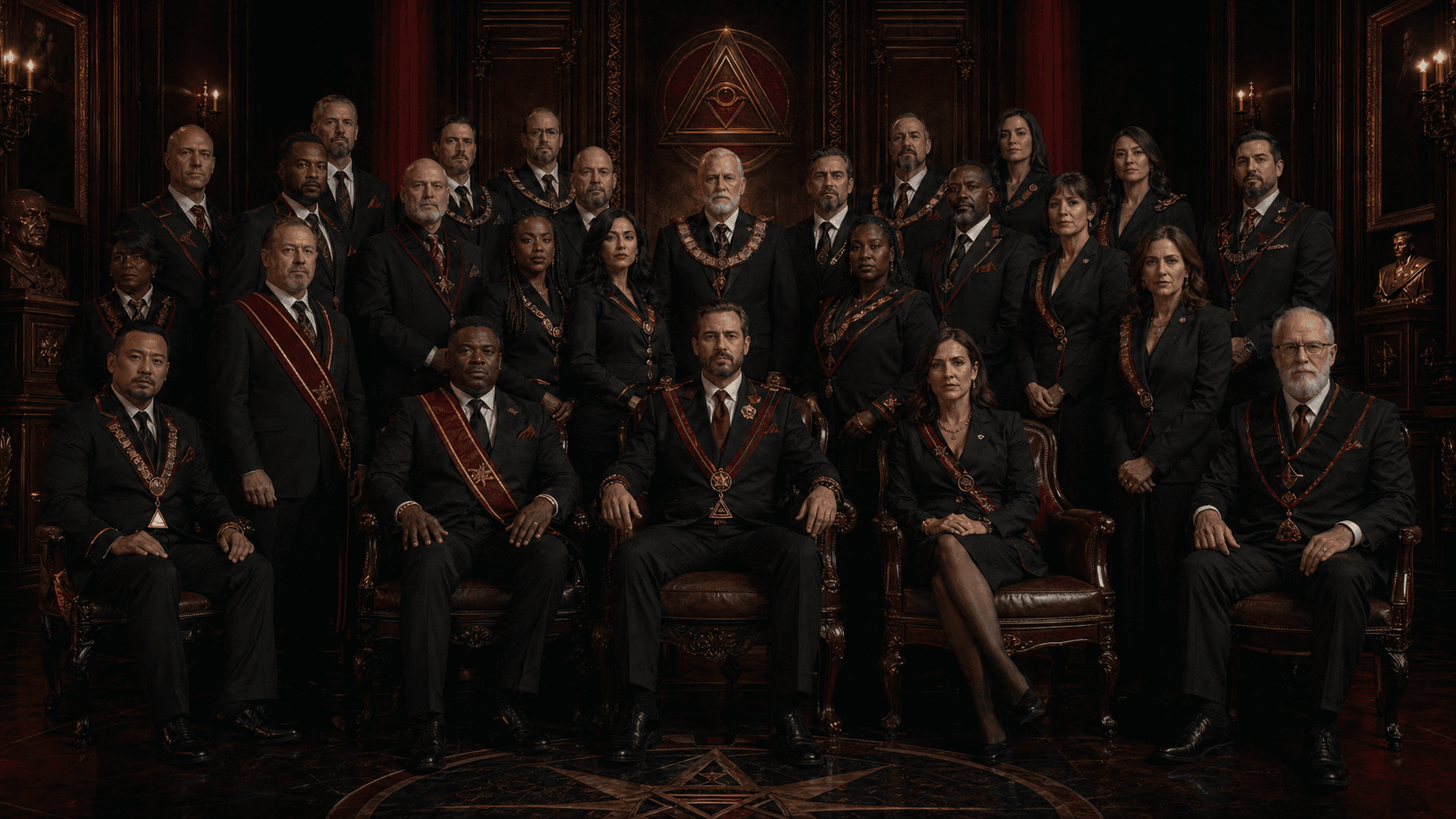 Illuminati Community members in a formal ceremonial hall