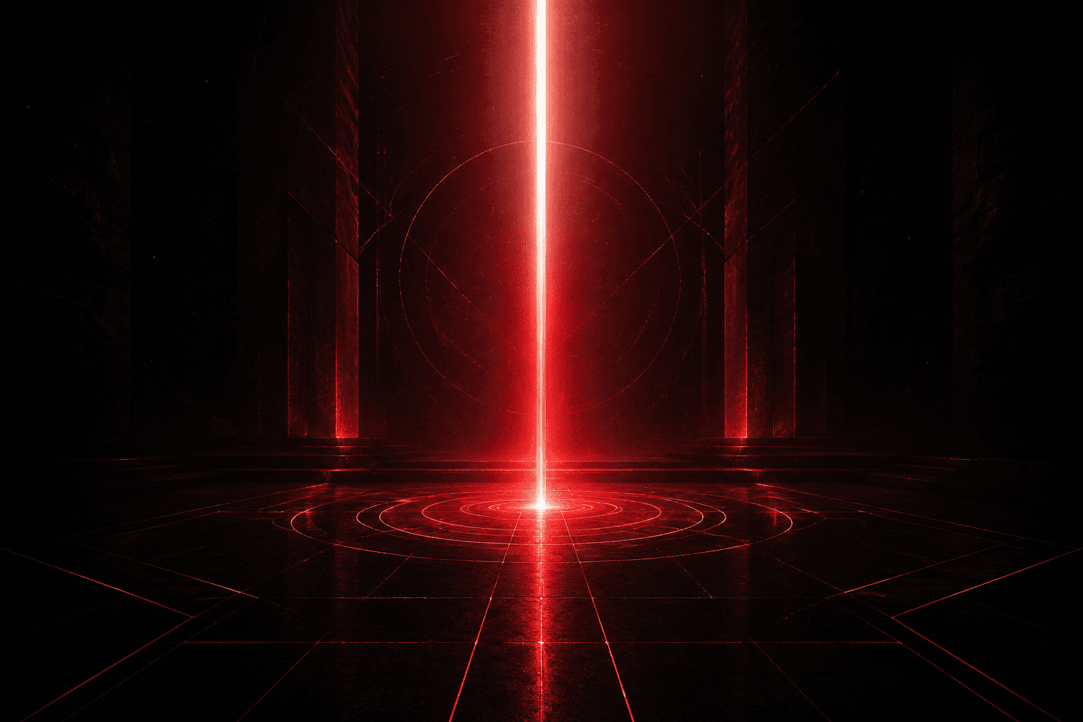 Abstract white and red beam of light in a dark chamber